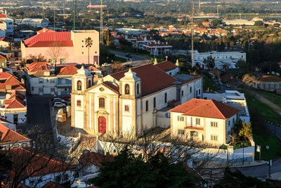 High angle view of buildings in town