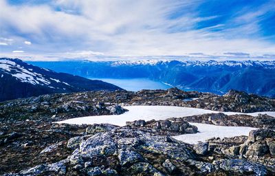 Scenic view of snowcapped mountains against sky