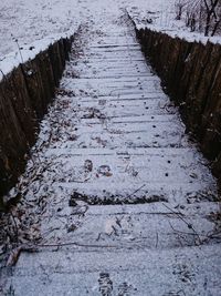 High angle view of snow on puddle