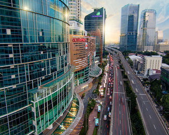 High angle view of street amidst buildings in city