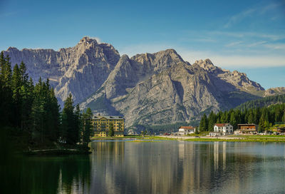 Scenic view of lake by mountains against sky