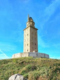 Low angle view of lighthouse against blue sky