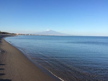 Scenic view of sea against clear blue sky