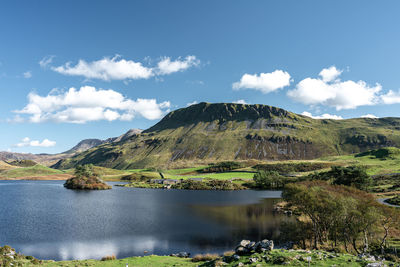 Scenic view of lake and mountains against sky