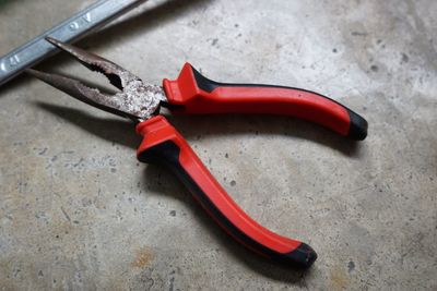 High angle view of red toy on table