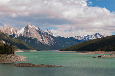 Scenic view of snowcapped mountain against cloudy sky