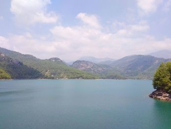 Scenic view of lake and mountains against sky