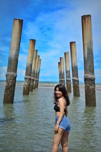 Portrait of woman standing in wooden post against sky