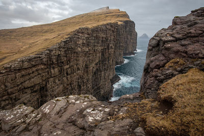 Rock formations by sea against sky