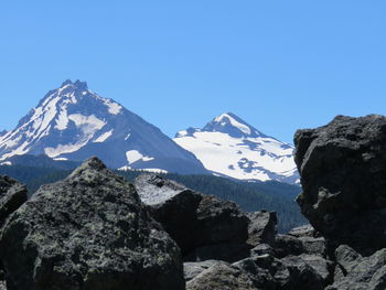 Scenic view of snowcapped mountains against clear blue sky