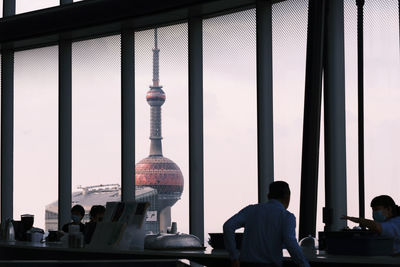 View of tower seen through restaurant