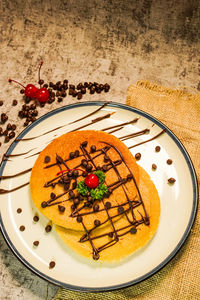 High angle view of food in plate on table