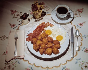 High angle view of breakfast served on table