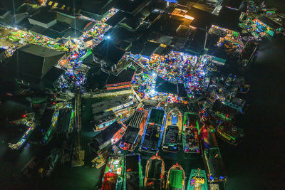 High angle view of illuminated cityscape