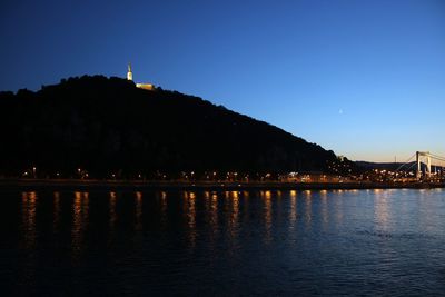 Scenic view of river by silhouette mountain against sky at night