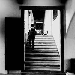 Rear view of people walking on staircase of building