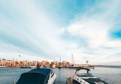 Sailboats moored in sea against sky