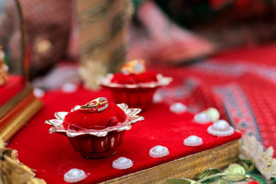 Close-up of red bell peppers on table