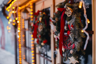 Close-up of illuminated lanterns