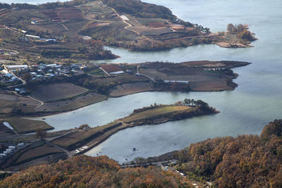 High angle view of river flowing through land