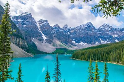 Scenic view of lake and mountains against sky