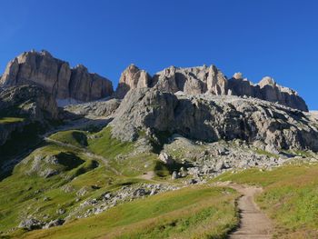 Scenic view of dolomites against clear blue sky