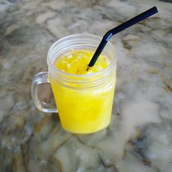 High angle view of drink in jar marble