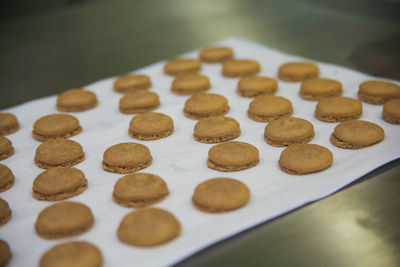 High angle view of cookies in plate on table