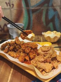 High angle view of food served in plate