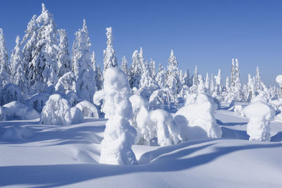 Snow covered land against clear sky