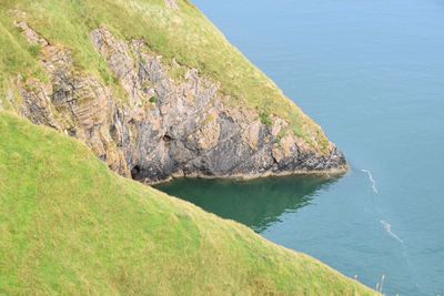 High angle view of rock by sea against sky