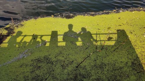 High angle view of people shadow on water