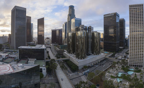 Aerial over downtown los angeles at dawn