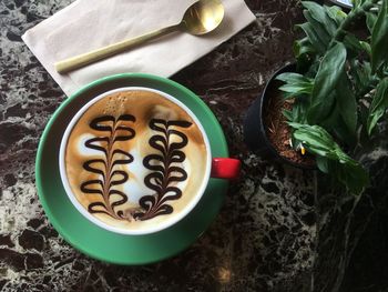 High angle view of coffee on table