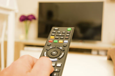 Close-up of hands using remote at home