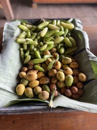 High angle view of vegetables on table