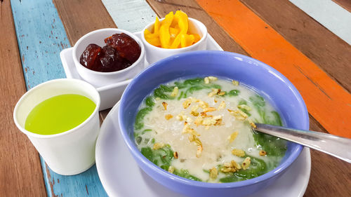 High angle view of food in plate on table