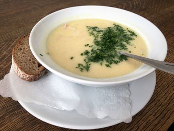 High angle view of soup in bowl on table