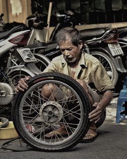 Man in high angle view of motorcycle