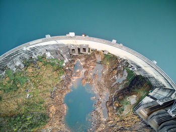 High angle view of building against blue sky