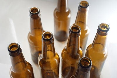 High angle view of beer bottles