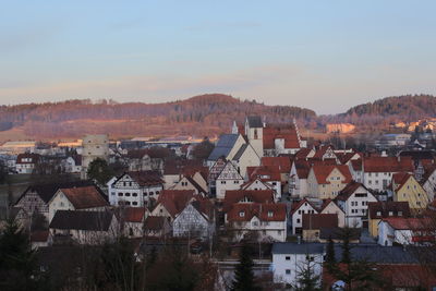 High angle shot of townscape against sky