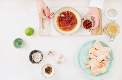 High angle view of food served on table