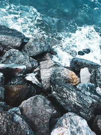 High angle view of rocks on beach
