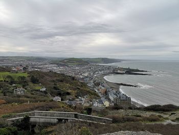 High angle view of bridge and buildings against sky