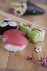 Close-up of sushi served on table