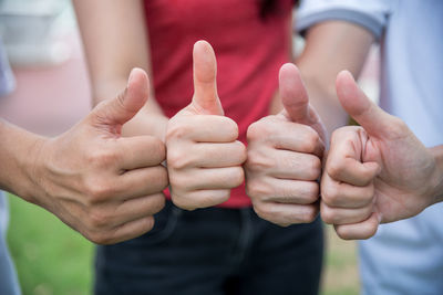 Cropped image of friends gesturing thumbs up