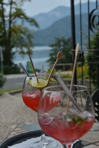 Close-up of drink on glass against blurred background