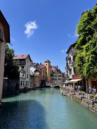 Old town annecy against crisp blue sky 