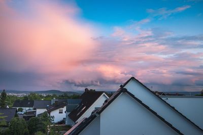 High angle view of townscape against sky during sunset